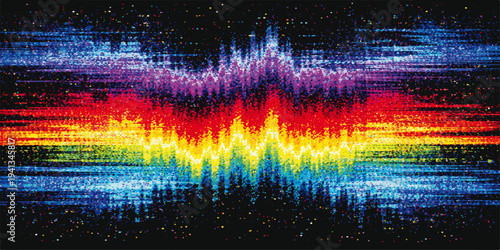 A vibrant digital art illustration features a colorful abstract background of rainbow waves and glowing fire flames flickering with energy against a dark textured backdrop of stars