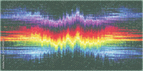 A vibrant digital art wallpaper featuring an abstract colorful background of geometric squares and textured waves, blending bright rainbow energy with a modern technology design