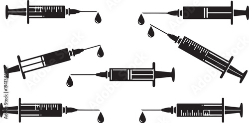 Medical syringes and needles in various positions illustration set