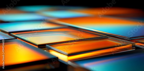 Abstract futuristic dispersion glass shapes cube with neon reflections glossy transparent panels and curved ribbons on dark tech background technology wallpaper 3d rendering