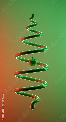 Abstract minimalist Christmas tree made of a glowing spiral with a red and green gradient