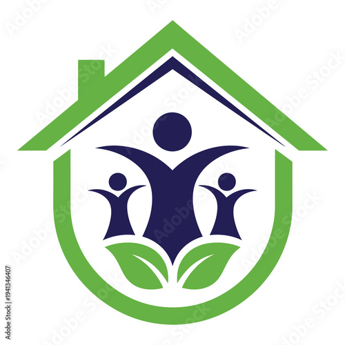 Green house with people and leaves eco friendly symbol logo design icon