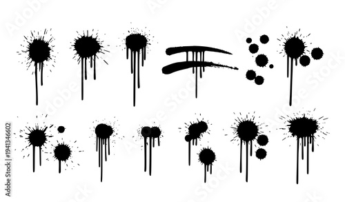 Black spray paint splatter vector set with dripping lines and ink blots street style elements isolated on white