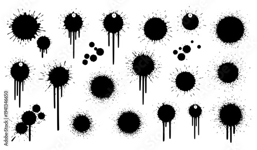 Street graffiti spray paint splatter and drip vector elements set isolated on white background