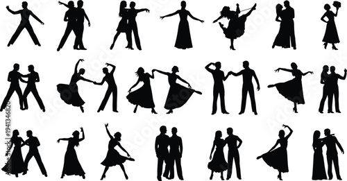 Set of ballroom dancers silhouettes performing elegant dance poses for wedding, celebration, romance, event, and cad drawing flat vector illustration