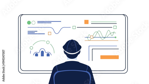 A person wearing a headset sits in front of a large screen displaying various colorful graphs and charts with a minimalist design.