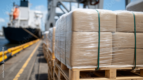 Close-up of pallets of packaged grains on a cargo ship, tied and ready for export, sunlight glinting off plastic wrappings, visualizing secure global food trade