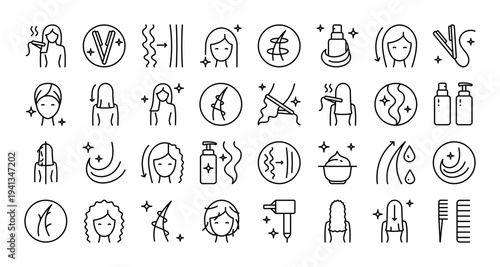 Keratin Hair Treatment Icon Set: Large Collection of Outline Vectors for Straightening and Repair