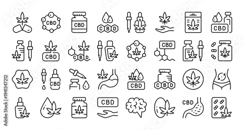 Cannabis Plant Icon Set: Large Collection of Outline Vectors for CBD Products and Medical Infographics