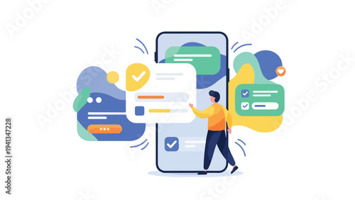 Illustration of a man interacting with a large smartphone surrounded by colorful app icons and interface elements on a white background.