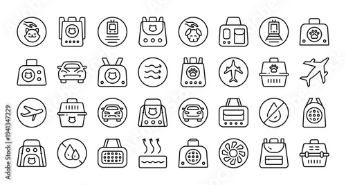 Pet Carrier Icon Set: Simple Outline Style for Animal Travel Crates, Bags and Accessories