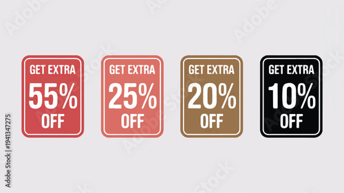 Set of four rounded square sale tags with discounts of 55%, 25%, 20%, and 10% off