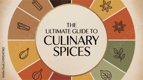 Circular infographic of culinary spices with icons for cinnamon, star anise, sage, and bay leaf