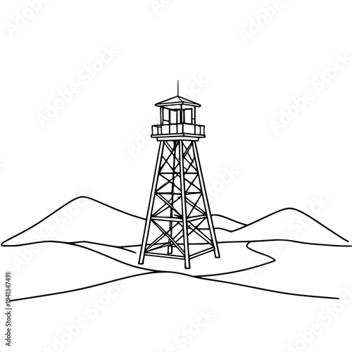 line drawing of fire lookout tower on hills