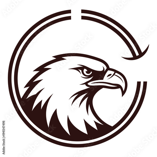 Monochrome illustration of eagle head in brown circular frame icon