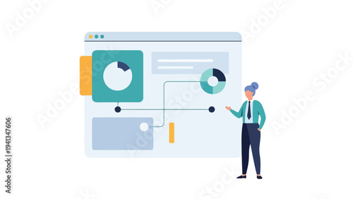 Flat illustration of a man presenting data on a large computer screen with graphs and charts in a simple office setting.