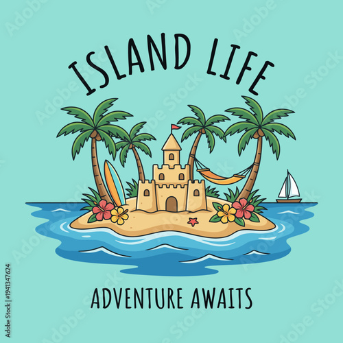 A cheerful design featuring a tropical island with palm trees, a castle, and beach vibes that evoke a sense of relaxation and anticipation for adventure.