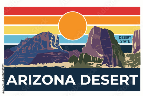 A retro-style poster depicting the captivating Arizona desert landscape with colorful sunset stripes, evoking feelings of adventure and natural beauty.