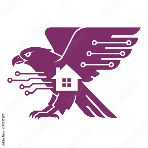 Purple eagle with house and circuit board wings flying left icon