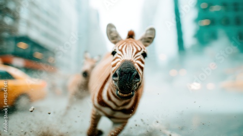A zebra dashes through a bustling city street, capturing a thrilling contrast of wildlife amidst urban life and highlighting the unexpectedness of the moment.