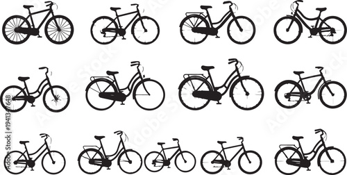 Collection of various bicycle silhouettes on white background