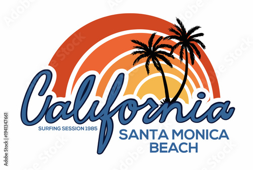 This vibrant illustration captures the essence of surfing at Santa Monica Beach in 1985, showcasing palm trees and a stunning sunset, embodying California's beach culture.