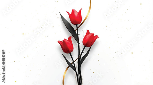 Elegant red tulips with dark green leaves on a white background adorned with gold accents and subtle glitter