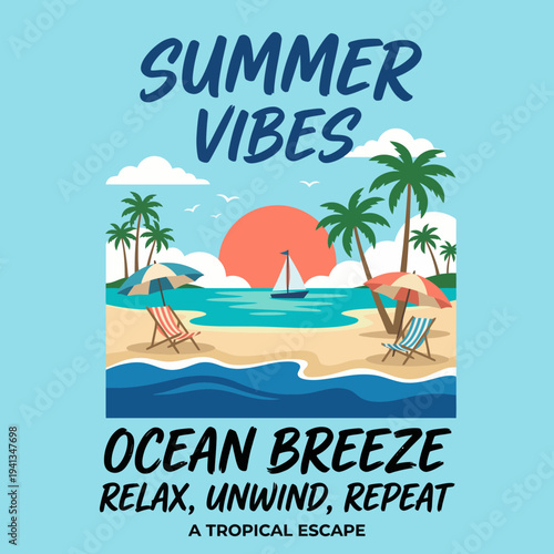 An inviting illustration of a beach scene with chairs and a sailboat under a colorful sunset, promoting relaxation and tropical vibes for your ultimate getaway.