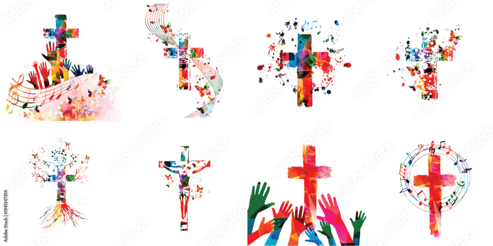 Obraz premium Colorful christian cross with music notes isolated vector illustration. Religion themed background. Design for gospel church music, choir singing, concert, festival, Christianity, prayer
