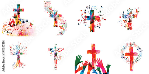Colorful christian cross with music notes isolated vector illustration. Religion themed background. Design for gospel church music, choir singing, concert, festival, Christianity, prayer