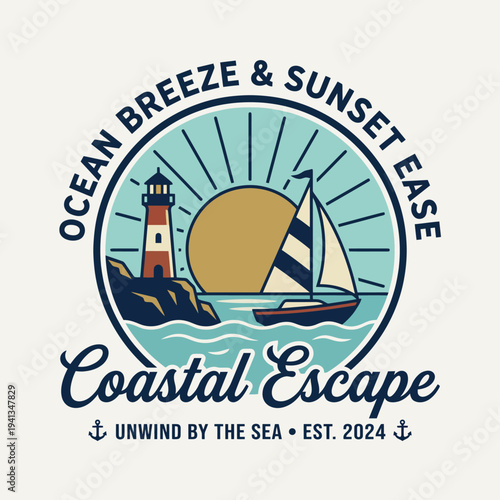 This image offers a delightful visual of a lighthouse, sailboat, and sunset over the ocean, portraying the perfect escape for those seeking peace and adventure by the sea.