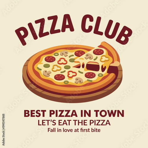 An appetizing logo design for a pizza club featuring a delicious pizza slice with toppings, conveying a fun and welcoming atmosphere for pizza lovers to gather.