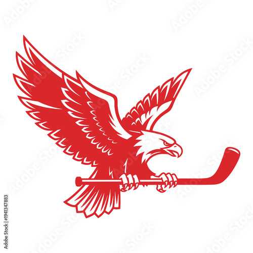 Red eagle holding hockey stick in its claws flying sideways one sports team logo icon