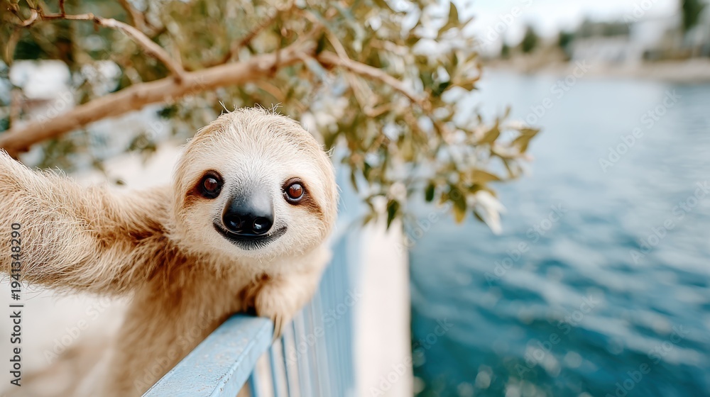 Obraz premium A cute sloth reaches out with a charming expression, perfectly situated near tranquil waters, showcasing the beauty of wildlife in a natural setting.