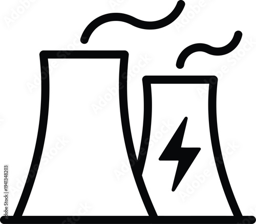 Nuclear power plant icon with smoke and lightning vector illustration, flat design