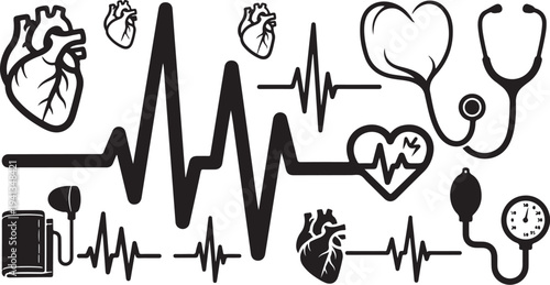 Medical icons and heart rate symbols in black and white