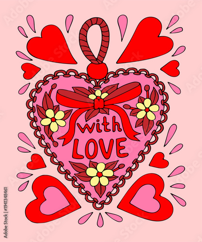 Valentine Day card heart on holder filled with love. Hand drawn flat vector. Romantic holiday. Postcard celebration. Wedding anniversary. Poster illustration.