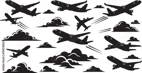 Airplanes flying through clouds in the sky silhouette graphic