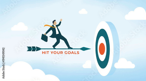 Motivated businessman rides an arrow towards a bullseye target, symbolizing achievement and hitting goals