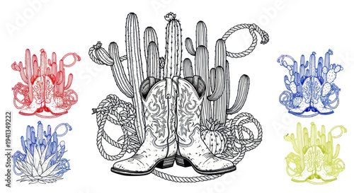 Cowboy Boots, Cacti, and Rope Illustration - Western Theme