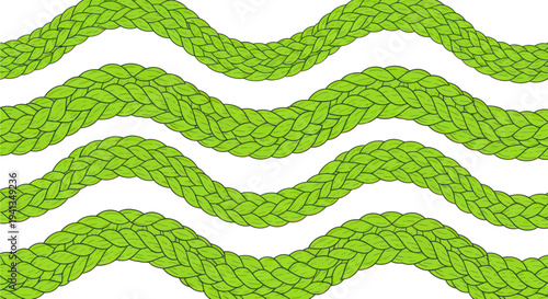 Green braided ropes forming wavy lines pattern on white background