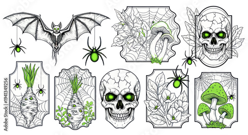 Halloween Elements: Bat, Skulls, Spiders, M Rood, Mushrooms, Cobwebs