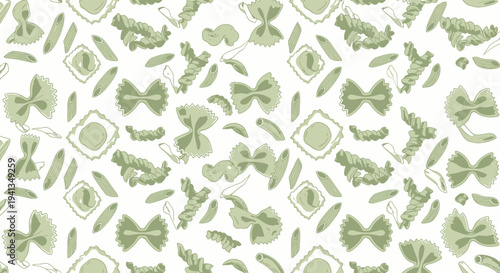 Hand-drawn Pasta Pattern: Farfalle, Ravioli, Penne, and Fusilli on White Background