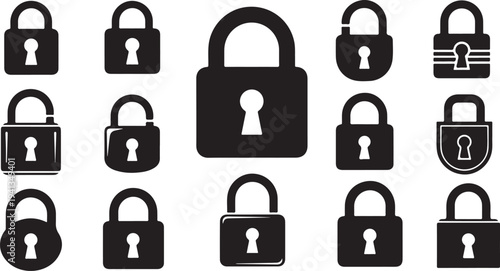 Collection of various padlock icons in black and white