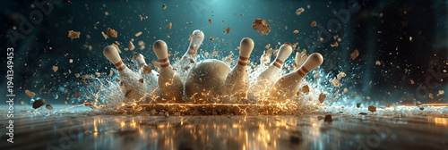 Ultra-Cinematic Bowling Strike Captured at the Exact Moment of Impact, Pins Suspended Mid-Air in a Powerful Explosion Symbolizing Precision, Control and Peak Performance. Generative Ai.
