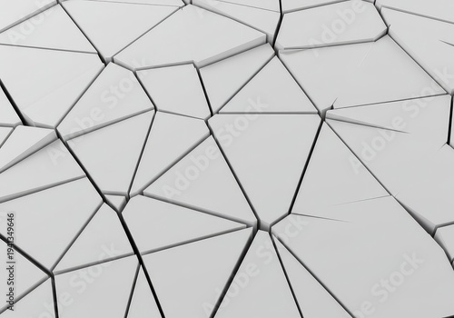 Abstract geometric background showing a clean white surface shattered into unequal angular pieces, symbolizing disconnection and negative space, digital, monochrome, pieces