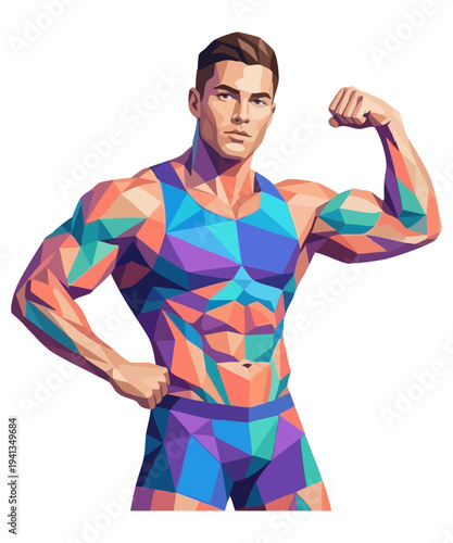 Low poly vector illustration of muscular bodybuilder flexing biceps. Geometric athletic man posing, fitness, bodybuilding concept. Stylized muscular man figure for gym, workout branding