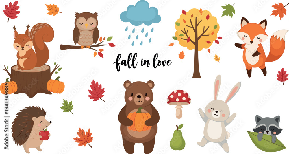 Obraz premium Cute autumn forest animals vector set with fox, bear, rabbit, hedgehog, owl and fall leaves cartoon illustration