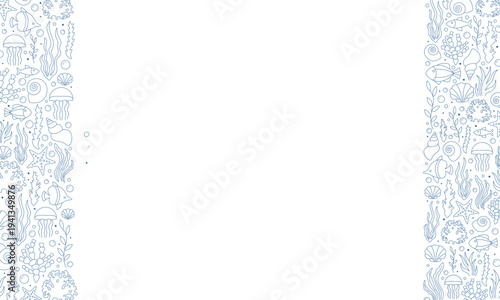 Underwater doodle border frame with ocean animals and sea plants on left and right sides, clean white copy space center for invitations and banners