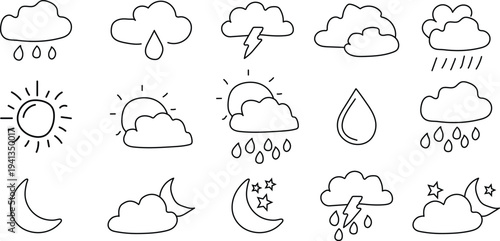Set of 16 weather icons vector, line style